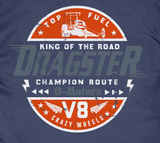 Siebdruckdesign "Dragster" von 14ender Grundfarbe navy druckfarben offwhite Dark grey, orange, für V8 Fans