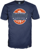 Multicolor Dragster Design auf navy T-Shirt der Marke 14ender, Rundhals kurzarm mit Brandlabel auf der linken Fronthochwertiger Vinatge Print