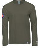in Kleinserie hergestelltes  Langam T-Shirt mit Rundhals in earth green (olive), Vorderansicht, Patch auf dem Arm Label am unteren Saum Logoprint in silber grau auf dem linken Arm über dem Armabschluß