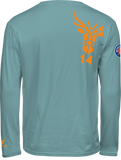 Rückenansicht Long Sleeve T-Shirt in hell blau, mit gekipptem 14edner Logo auf dem rechten Schulterblatt in orange, Sleevelogo über dem linken Bündchen, farblich abgestimmt auf den Rückendruck, Patch Webbadge auf dem rechten Oberarm