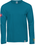 limitierte Auflag mittel blaues Longsleeve T-Shirt mit Rundhals, Vorderansicht, Patch auf dem rechten Oberarm Label am unteren Saum Logoprint in orange auf dem linken Arm über dem Bündchen