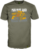 Olive farbenes Baumwoll T-Shirt für Männer mit mehrfarbigem Holzfällermotib "Man(n) muß auch Teilöen Können" Ein Label am unteren Saum wertet das 14ender Shirt zusätzlich auf