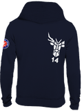 Rückenansicht  navy Hooded Sweatshirt mit weißem  14ender Logopdruck