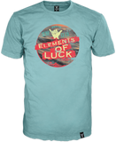 Frongedrucktes hell blaues 14ender Marken T-Shirt mit aufwendigem Multicolor Druck "Emelments of Luck" Hang Loose